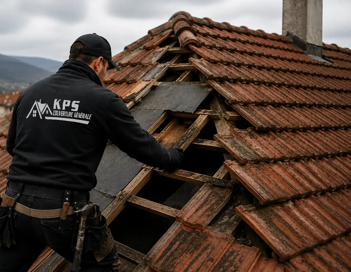 Couvreur intervenant sur une toiture endommagée lors d'une recherche de fuite dans le canton de Genève